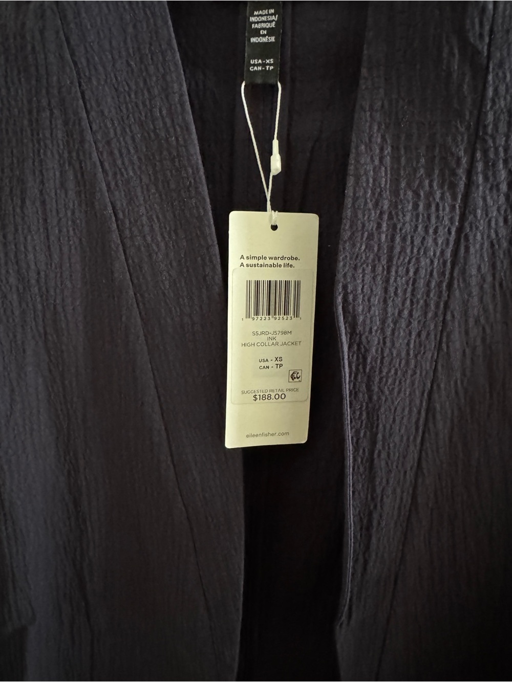 NWT Eileen Fisher Navy Stand Collar XS Ink Jacket